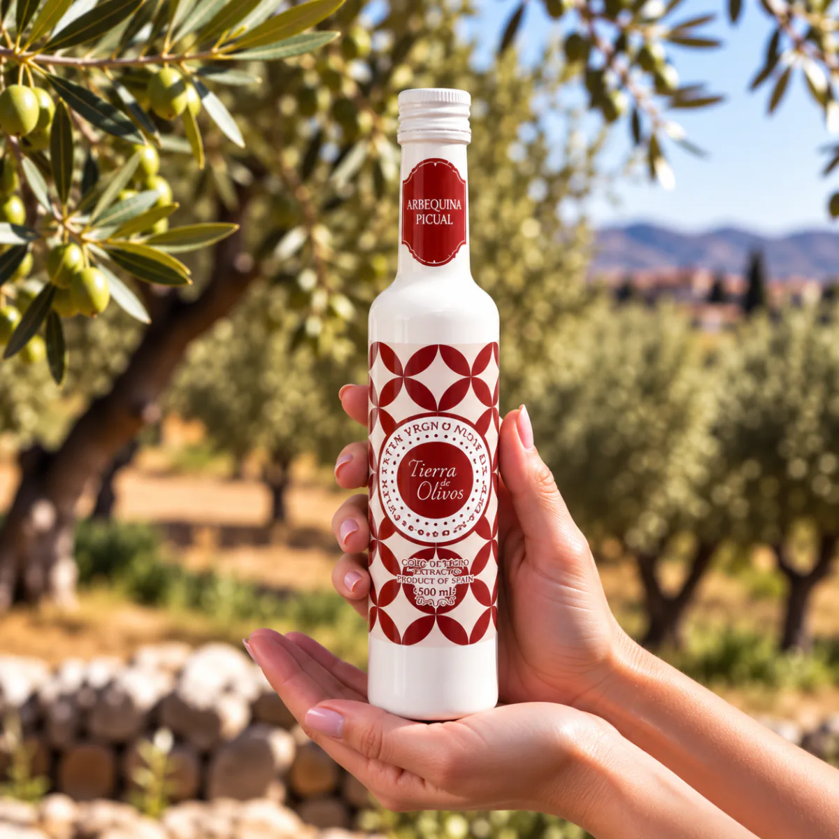 Červený tubus Arbequina&Picual – produkt v rukou